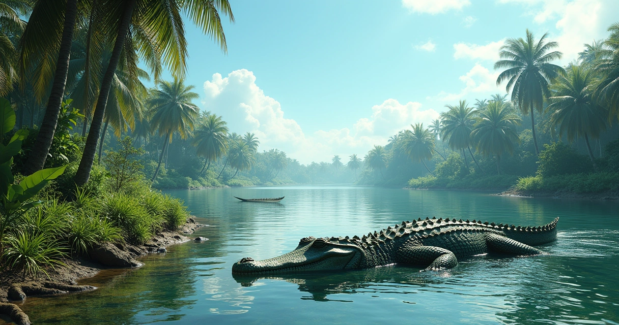 Fósseis e um Crocodilo Imperador em um cenário pré-histórico, com vegetação densa e um rio vasto.