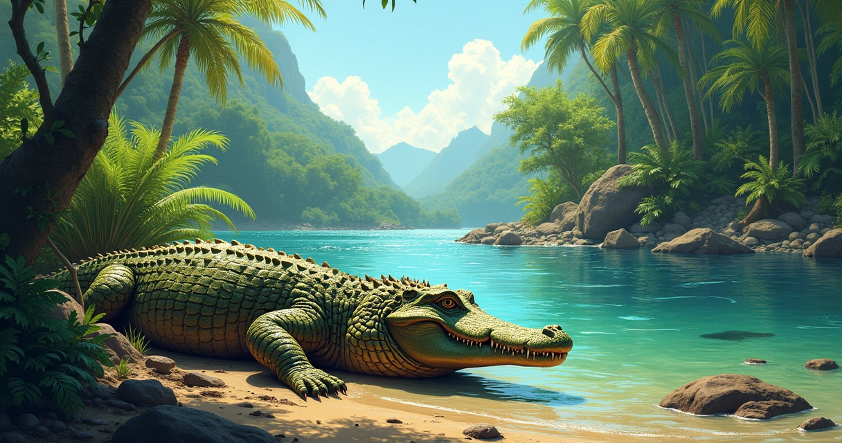 Crocodilo Imperador relaxando em uma margem de rio pré-histórica, com vegetação densa e fósseis visíveis.