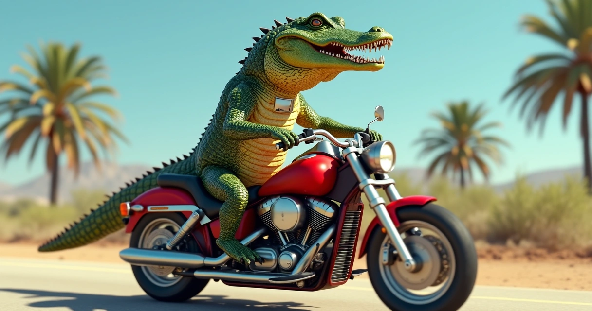 Crocodilo realista pilotando uma moto vermelha 