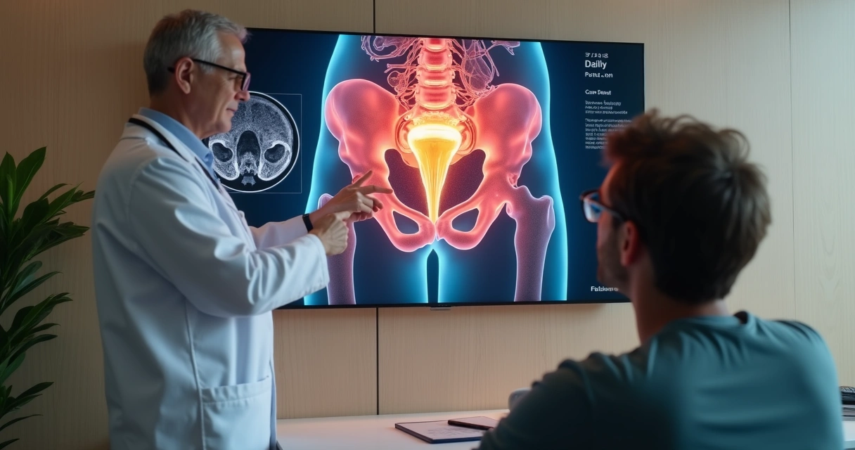 Equipe médica analisando imagem anatômica da pelve em monitor de consultório 