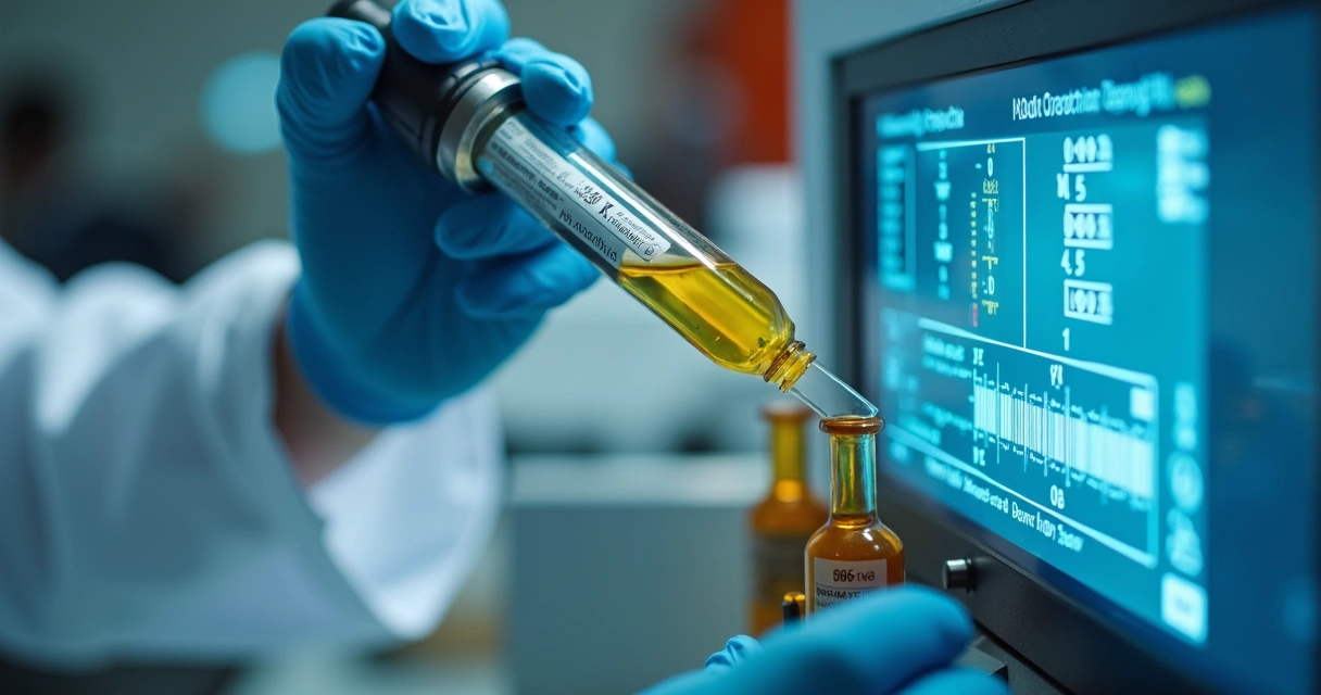 Amostra de óleo para cromatografia sendo analisada em laboratório 