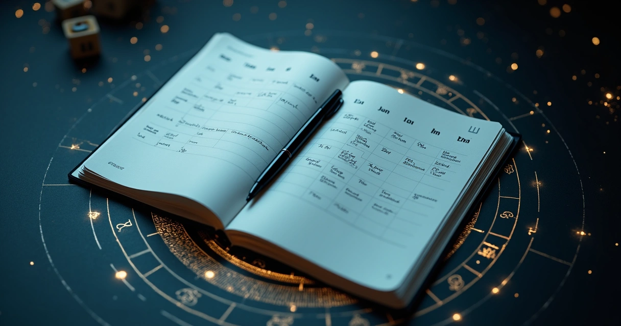 Planner aberto com agenda de eventos sobreposto a um mapa astral em fundo escuro e estrelado 