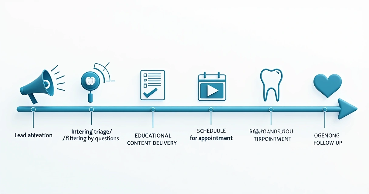 Diagrama com etapas do funil de atendimento para implantes dentários 