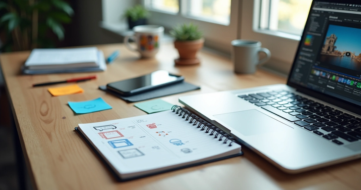 Planejamento de conteúdo digital em mesa de trabalho