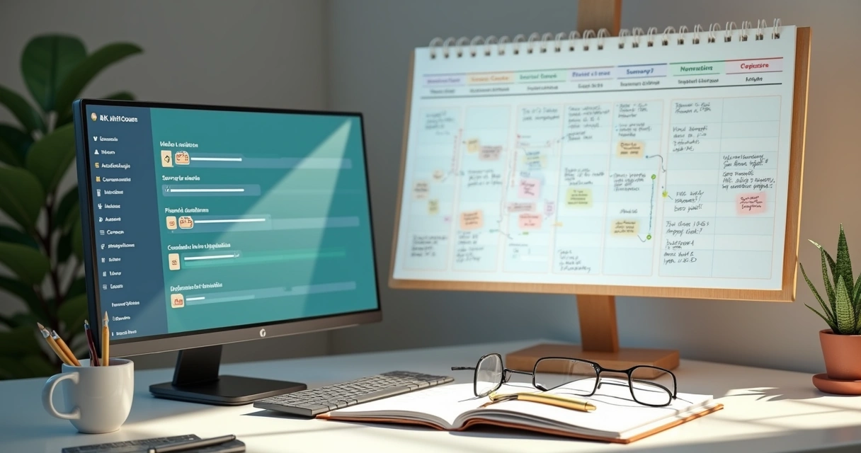 Tela de computador exibindo cronograma de módulos de curso online lado a lado com calendário em mesa de estudos 
