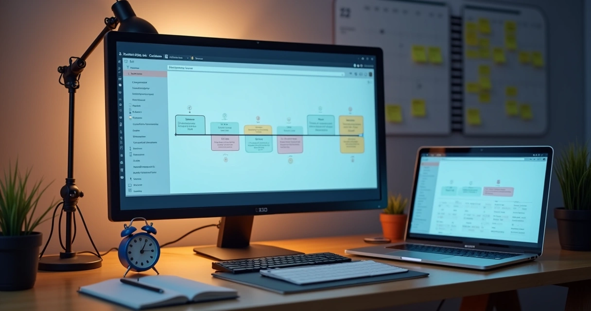 Mesa com computador mostrando linha do tempo de criação de site 