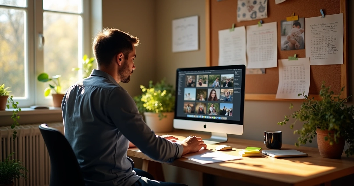 Fotógrafo sentado em frente ao computador com tela cheia de fotos, calendário ao lado, luz suave de fim de tarde na janela 