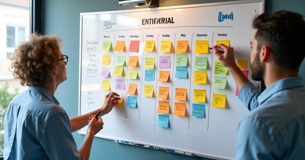 Quadro branco com calendário editorial para LinkedIn e post-its coloridos 