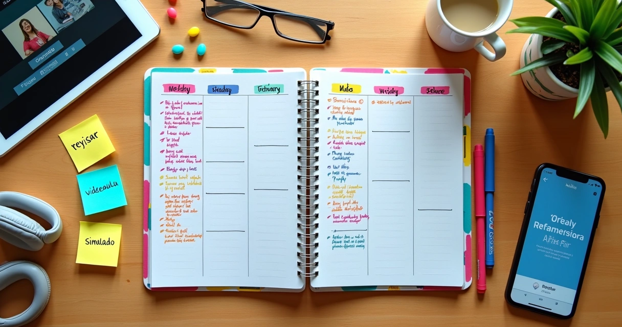 Agenda aberta com cronograma de estudos colorido e signos de EAD ao redor 