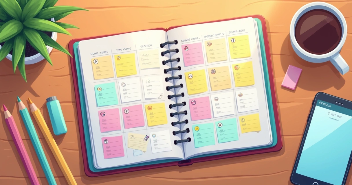 Agenda aberta mostrando cronograma de estudos colorido