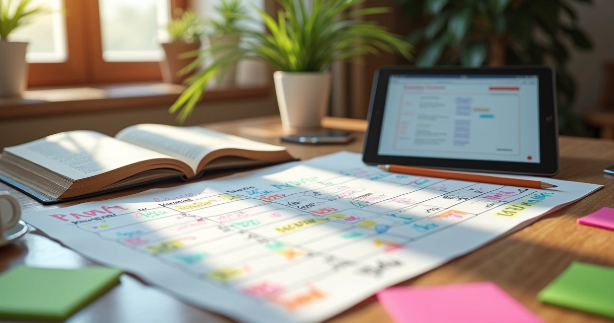 Cronograma de estudos colorido e organizado em mesa de estudo