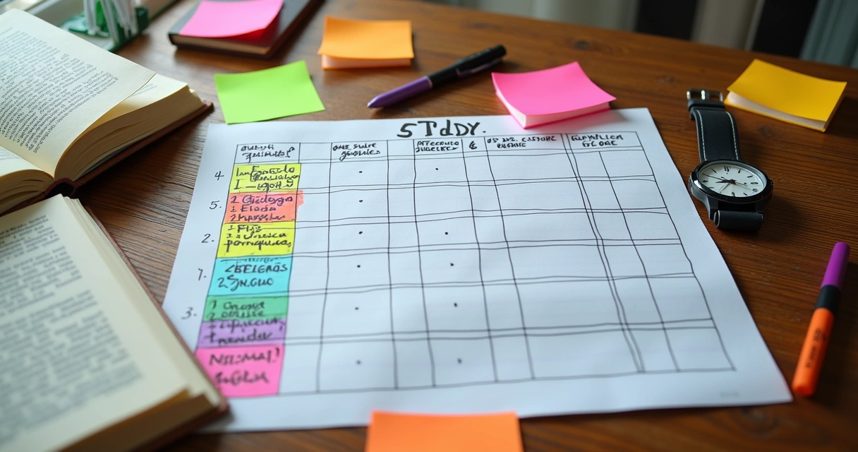 Cronograma colorido com disciplinas para vestibular de medicina exibido sobre mesa com canetas e post-its 