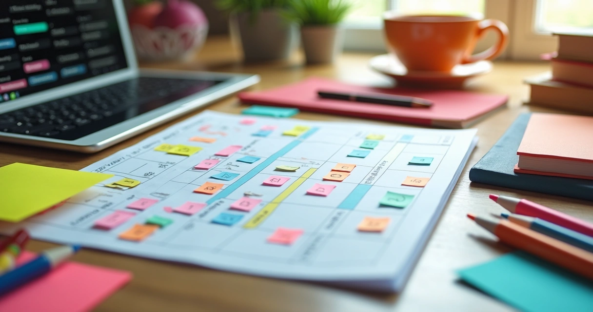 Cronograma de estudos colorido sobre mesa com materiais escolares
