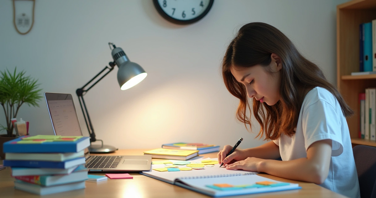 Aluno criando cronograma semanal com lápis e caderno