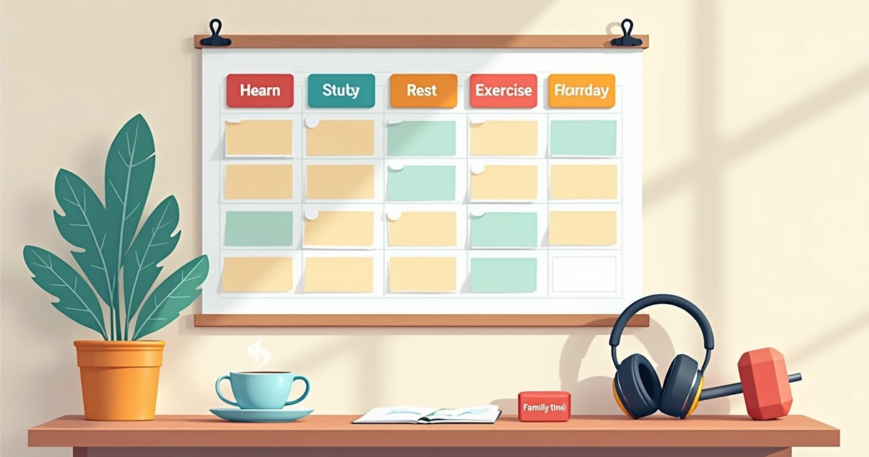 Quadro de cronograma semanal colorido com blocos de estudo, lazer e descanso 