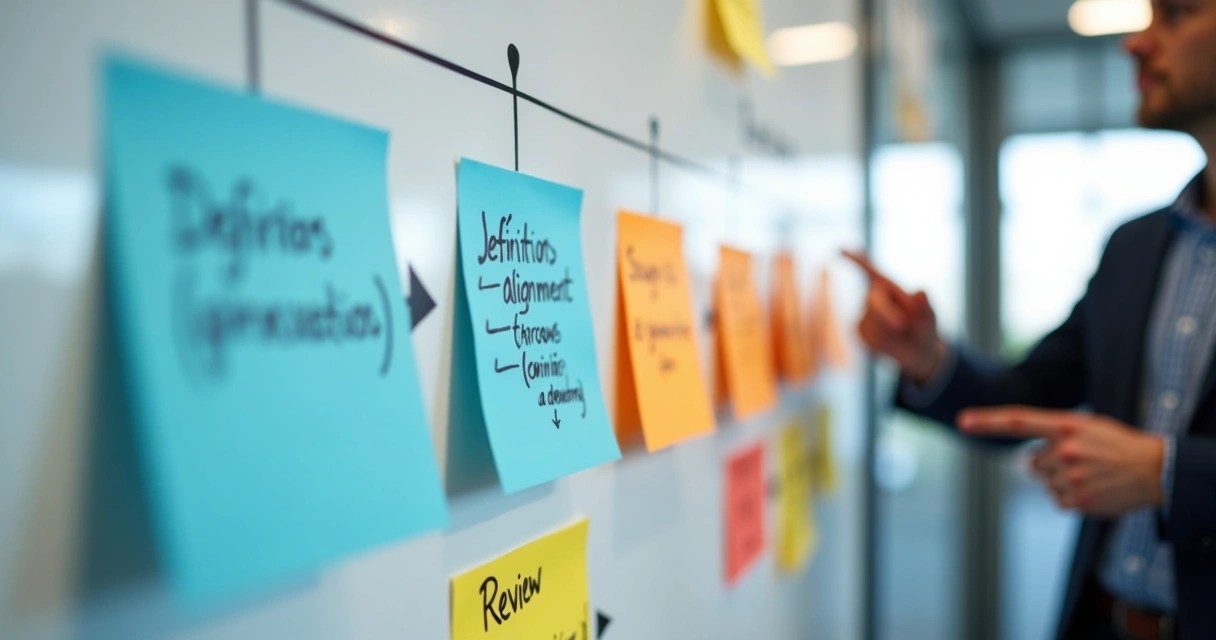 Quadro branco mostrando cronograma de implementação OKR 