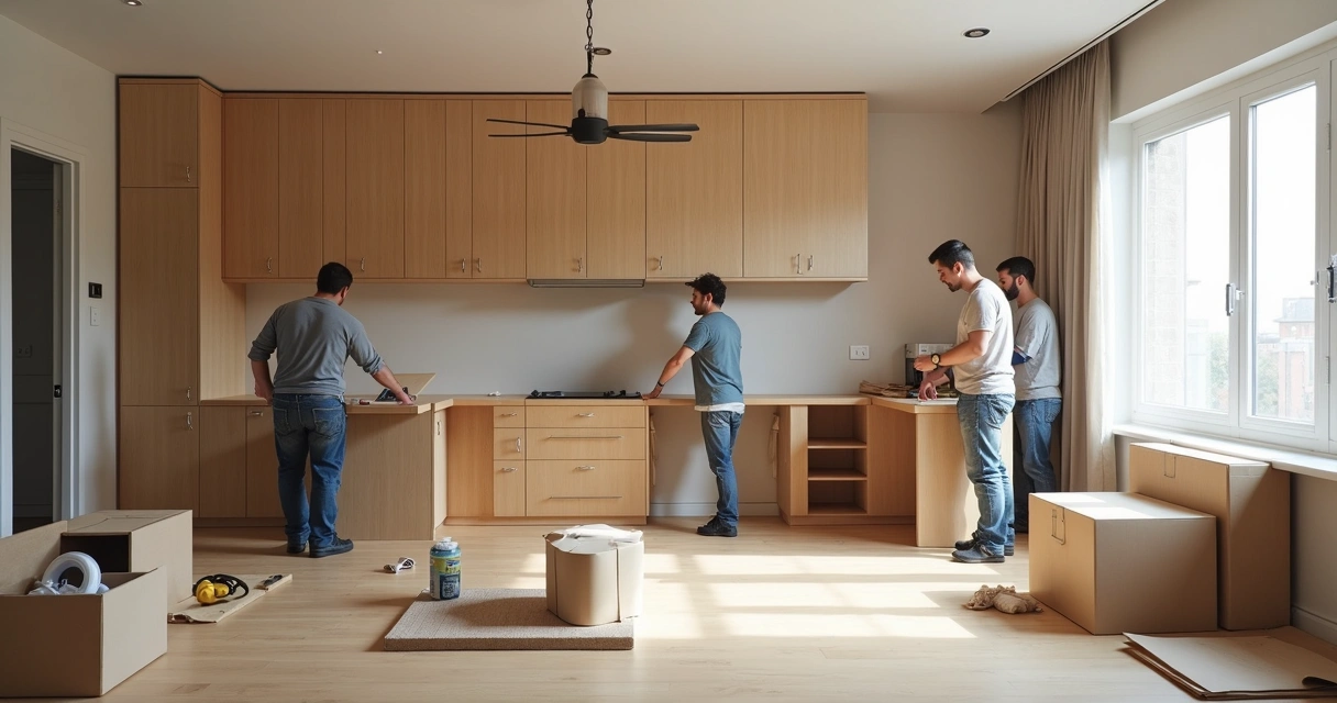 Equipe instalando móveis planejados em apartamento moderno 