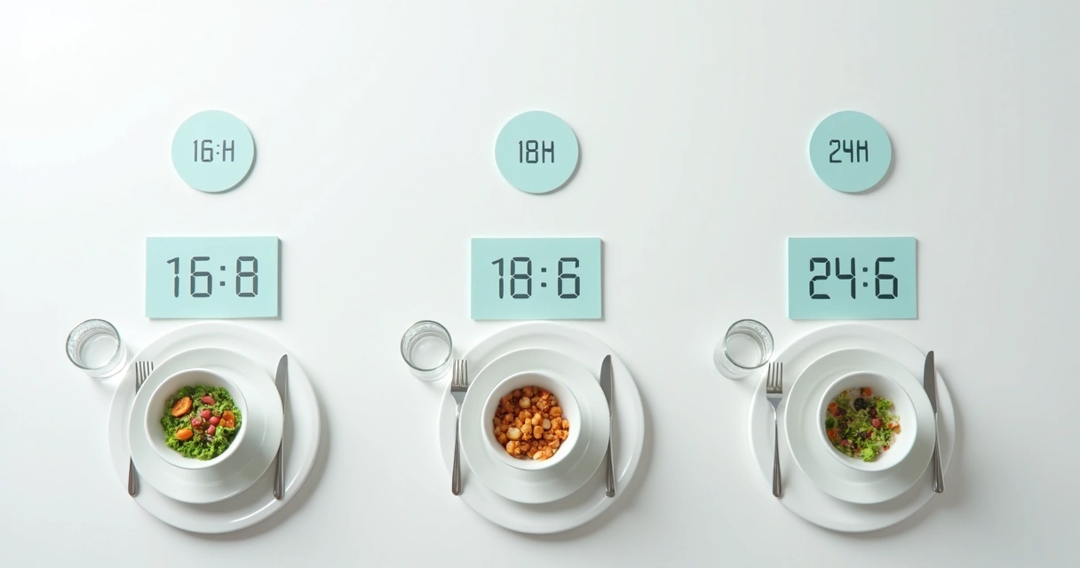 Quadro mostrando diferentes protocolos de jejum intermitente com horários programados. 