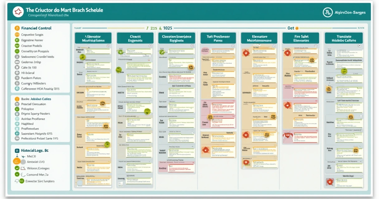 Cronograma visual de manutenção em condomínio com datas e status coloridos