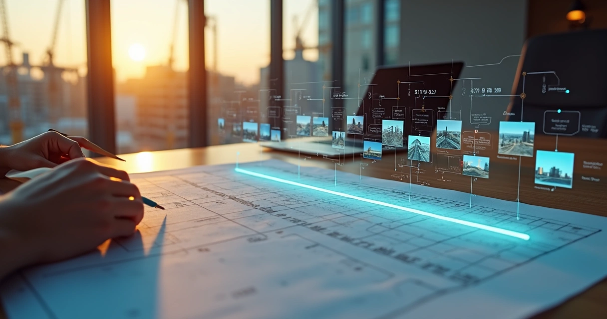 Planejador segura blueprint enquanto linha do tempo digital de obra aparece em holograma com imagens de câmera 