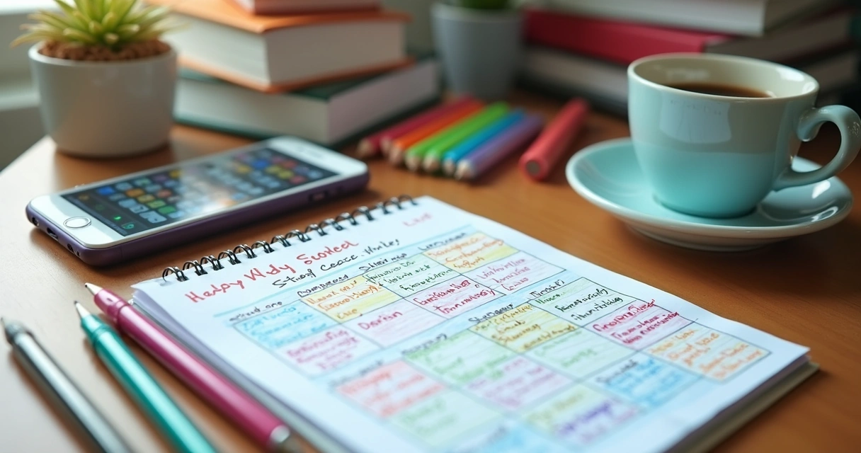 Folha com cronograma de estudos colorido e canetas