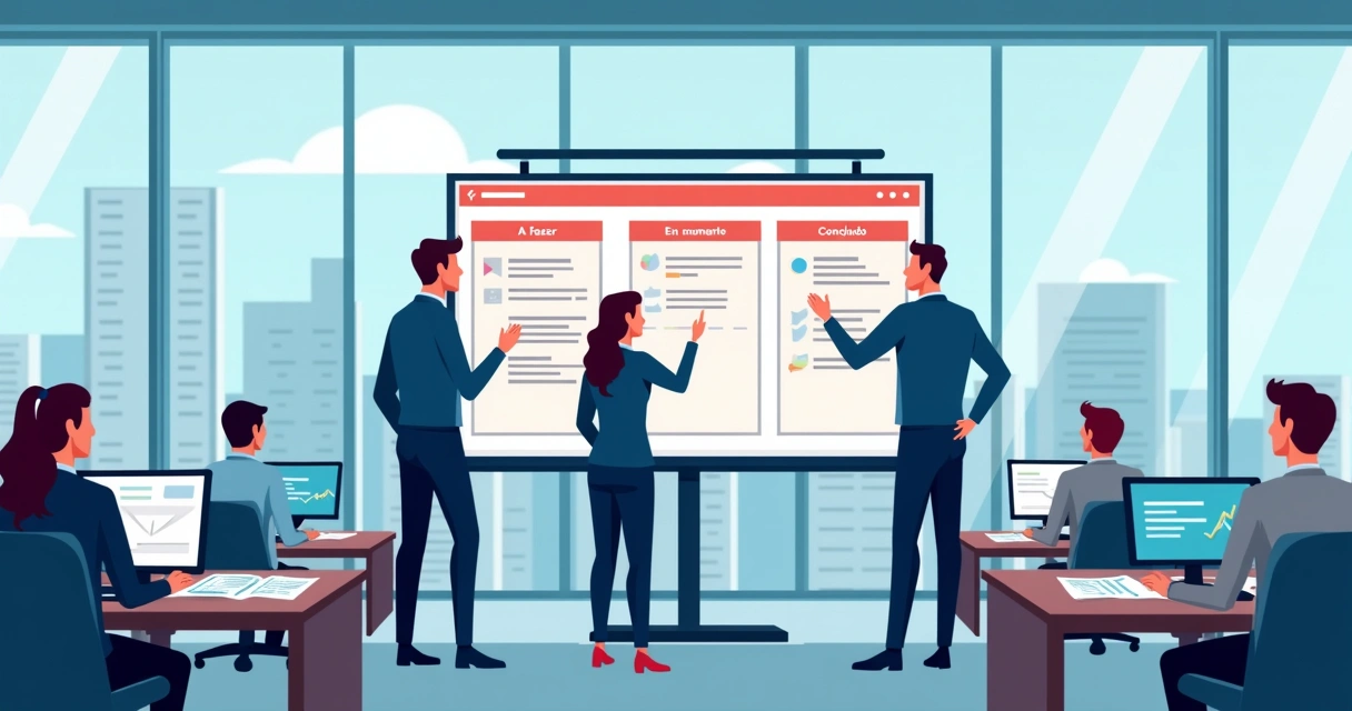 Quadro Kanban digital com equipe de gabinete trabalhando em frente 