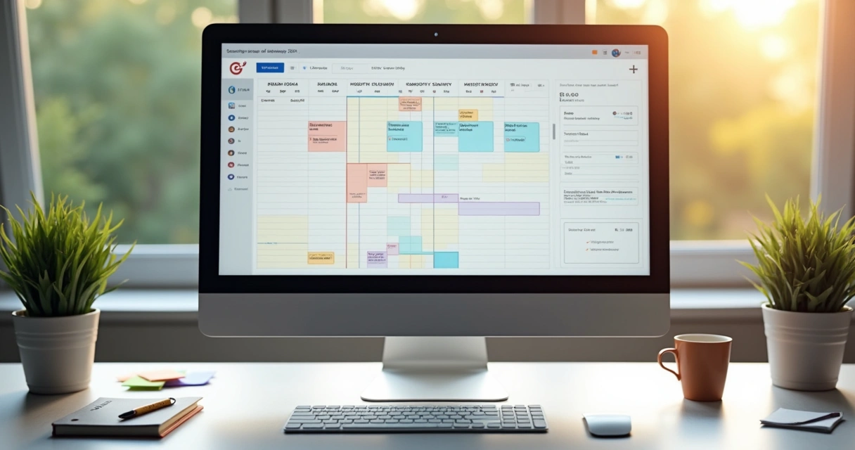 Tela de calendário digital com datas marcadas e lembretes de pesquisas de feedback 