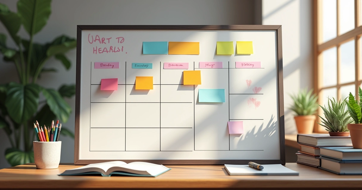 Quadro branco com cronograma de estudos, materiais escolares e livros empilhados ao lado 