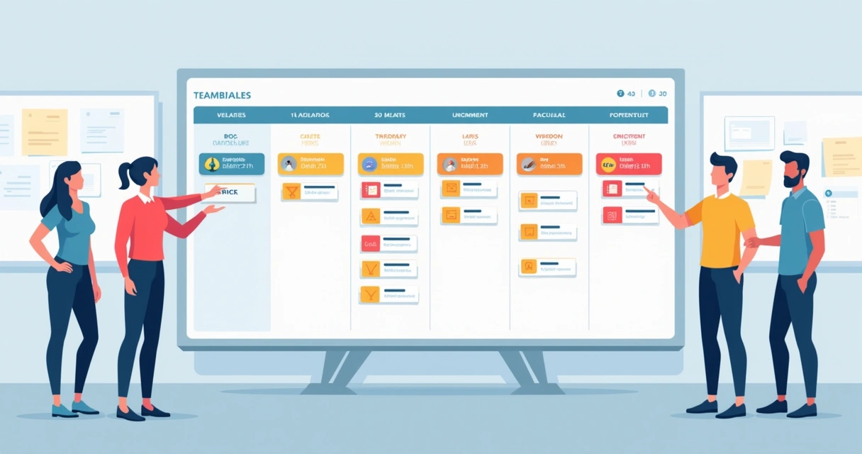 Cronograma de projeto com equipe analisando entregas em painel digital 