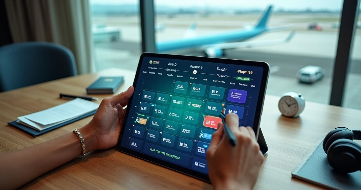 Pessoa analisando calendário colorido com ícones de passagens aéreas e promoções em tablet sobre mesa de viagem 
