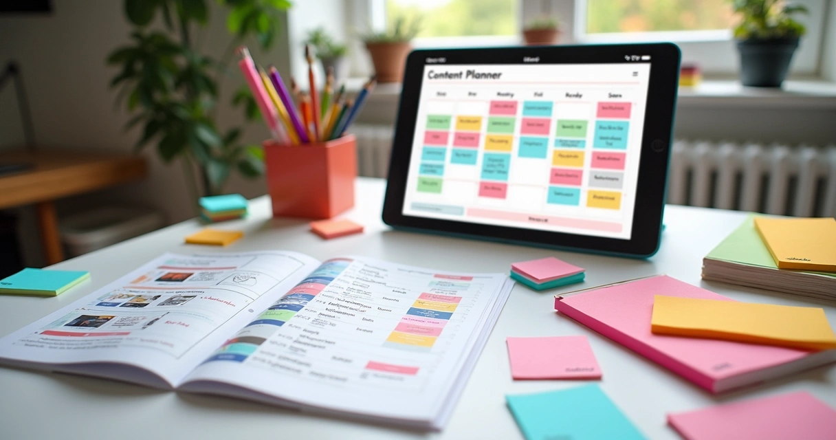 Cronograma de postagens com calendário colorido e cartões organizados na mesa 