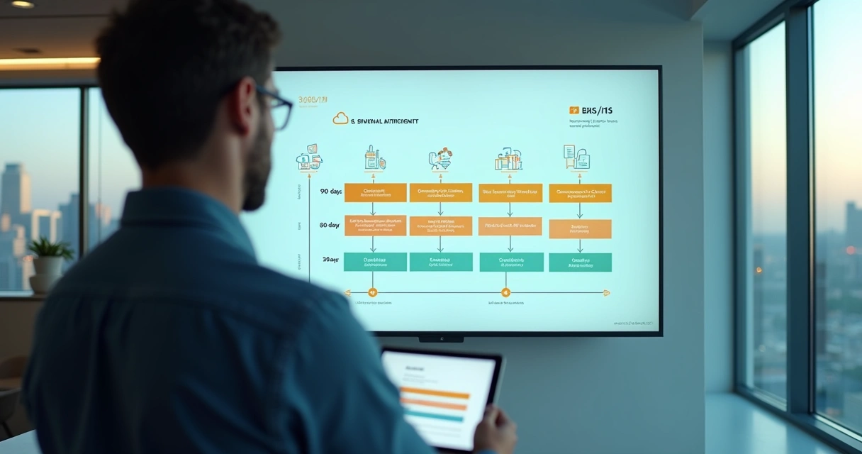 Painel digital com cronograma 30 60 90 dias para renovacao de software SaaS 