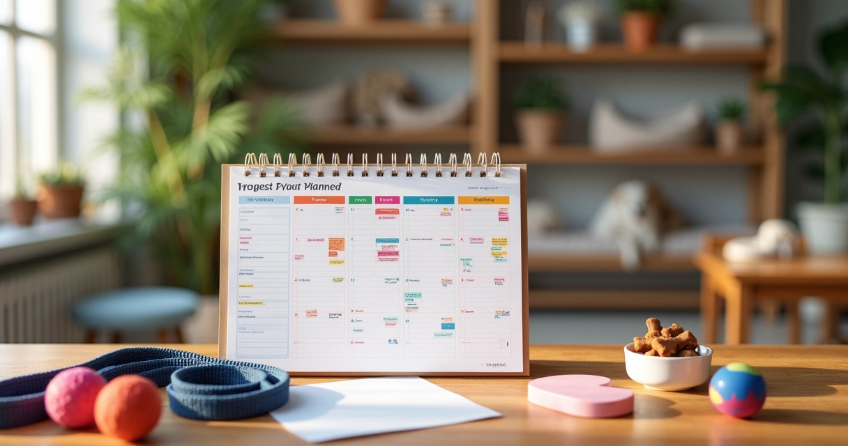 Agenda semanal organizada para creche pet com calendário, notas e brinquedos de cachorro ao redor 