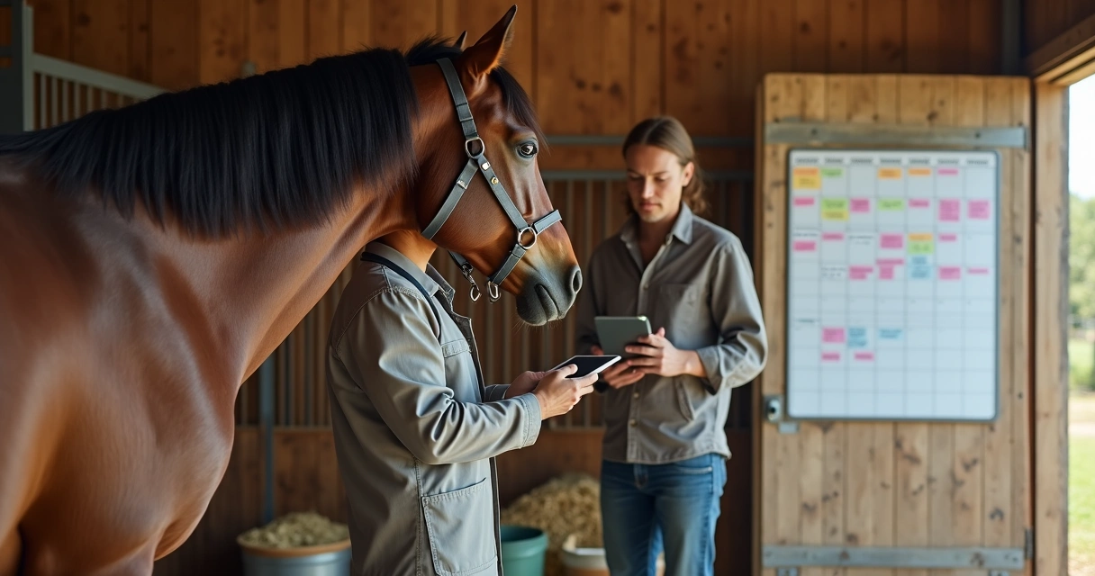 Veterinário examinando cavalo em estábulo com calendário de tratamentos antiparasitários ao fundo 
