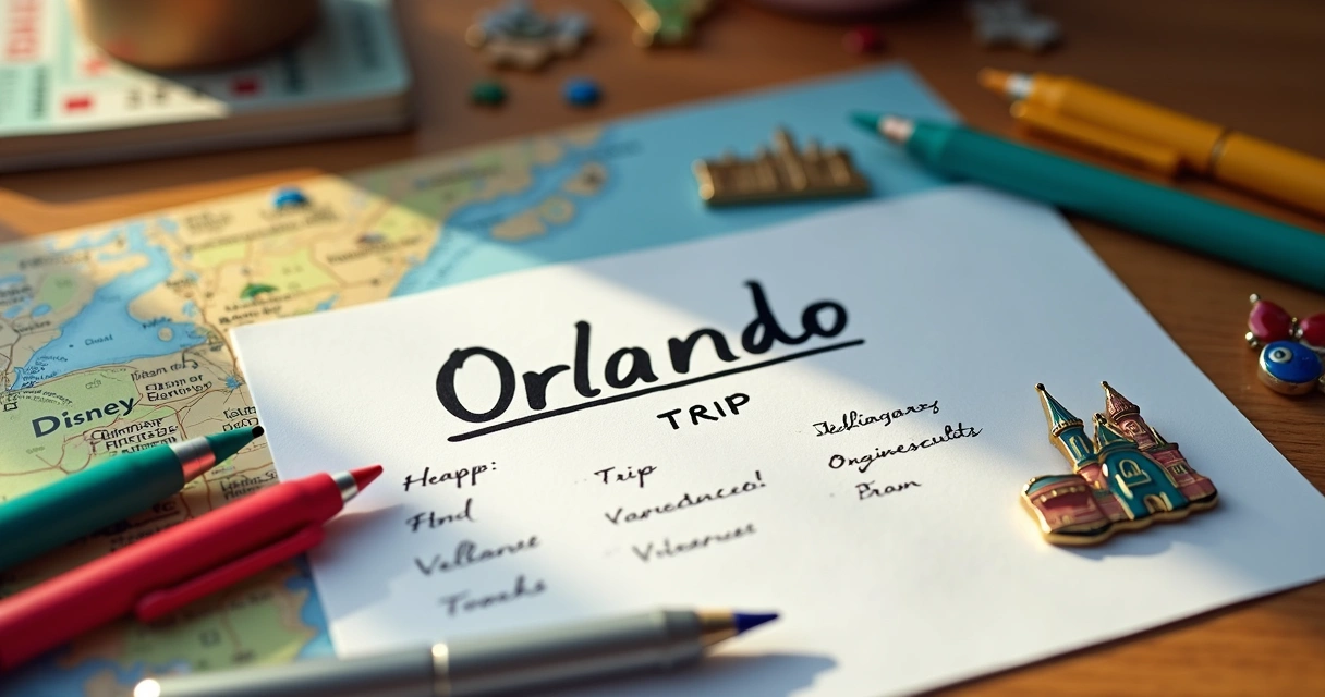 Cronograma de viagem para Orlando escrito à mão, cercado de canetas e lembranças 