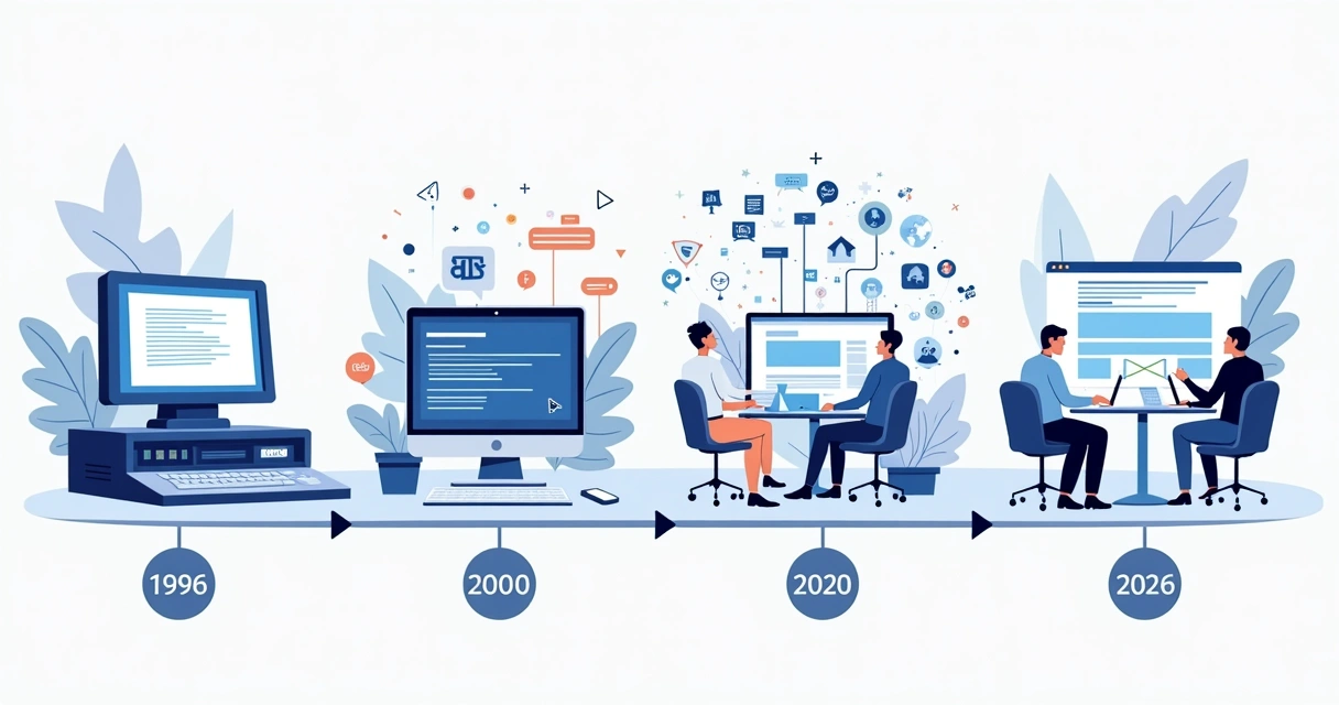 Linha do tempo mostrando a evolução dos blogs de 1996 a 2026 