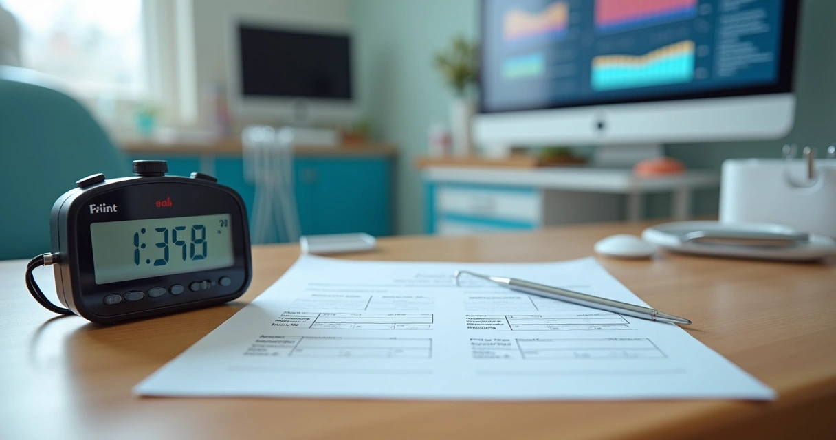 Cronômetro digital ao lado de ficha odontológica em mesa de consultório