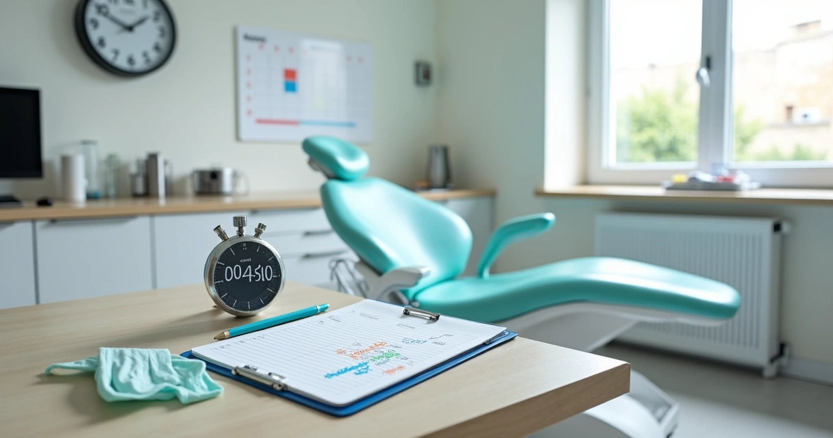 Mesa de dentista com cronômetro digital marcando tempo de consulta odontológica 