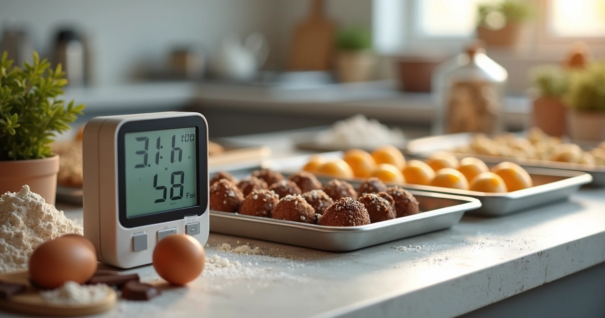 Cronômetro digital ao lado de formas com doces e ingredientes frescos 