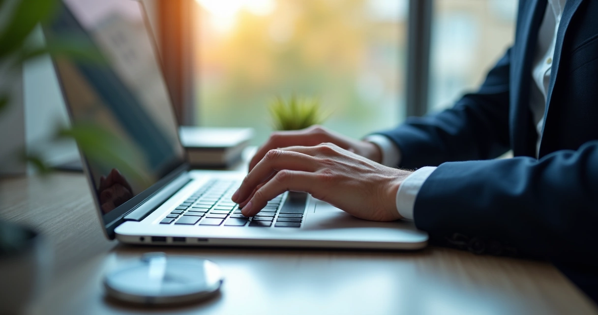 Mão digitando com cronômetro ao lado 