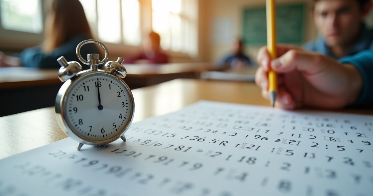 Cronômetro ao lado de estudante em sala de prova de matemática 