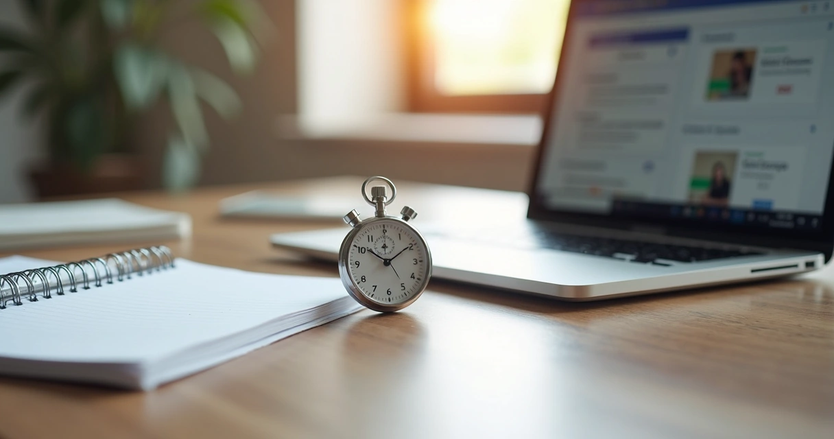 Cronômetro ao lado de materiais de estudo e computador 