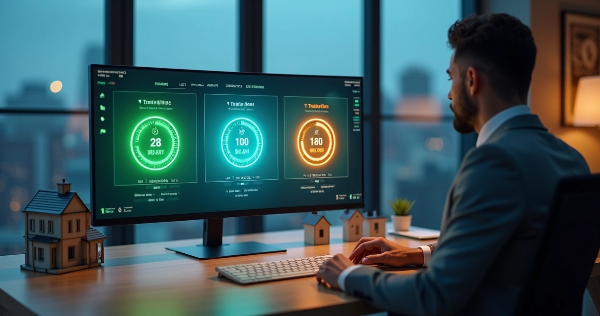 Corretora observa cronômetros digitais de resposta ao lado de ilustrações de imóveis 