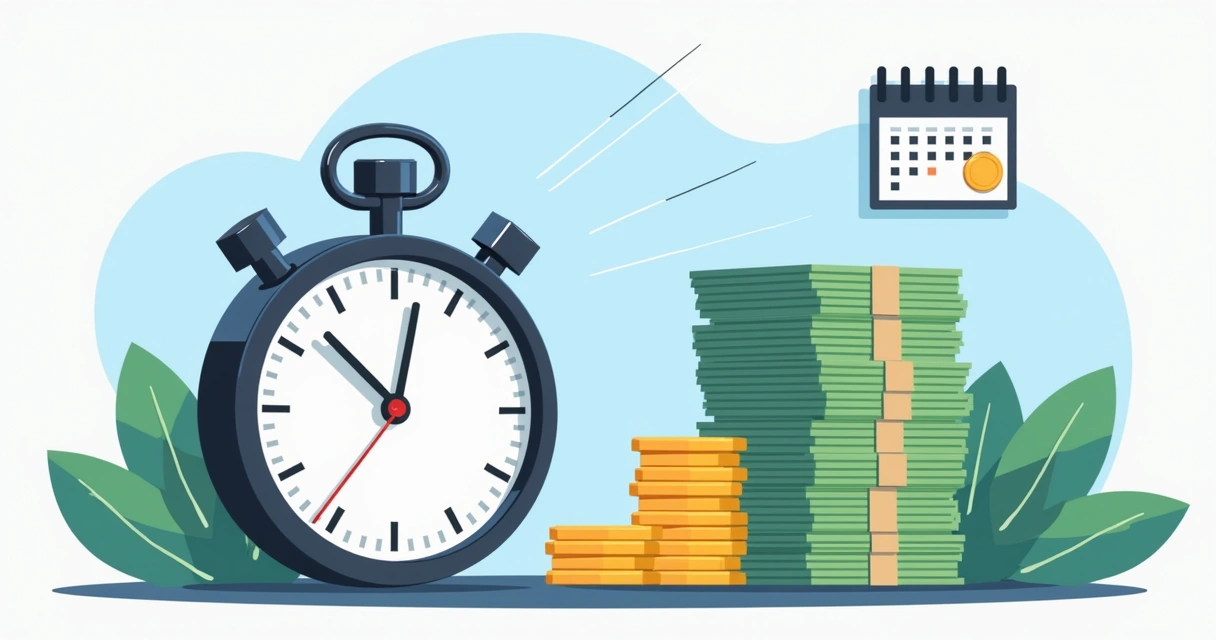 Cronômetro marcando tempo ao lado de pilha de dinheiro simbolizando rapidez no pagamento 