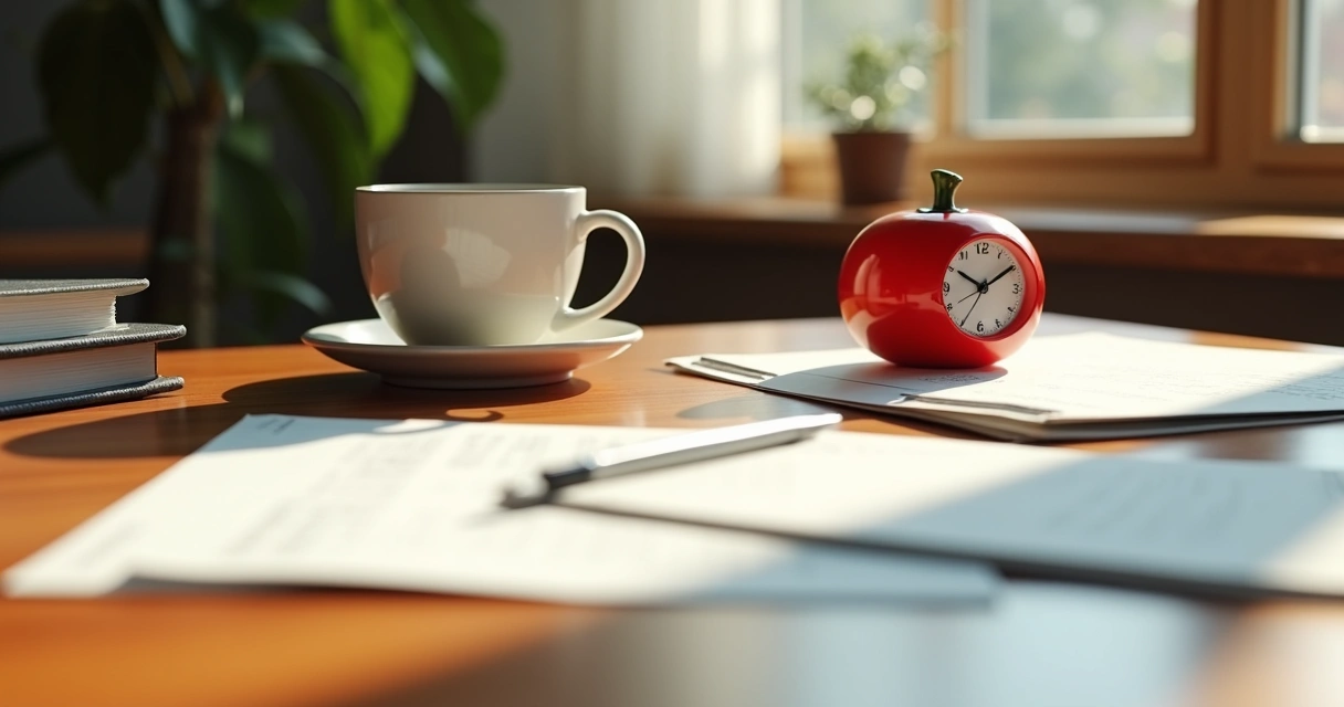 Cronômetro em formato de tomate sobre uma mesa de madeira, próximo a materiais de trabalho 