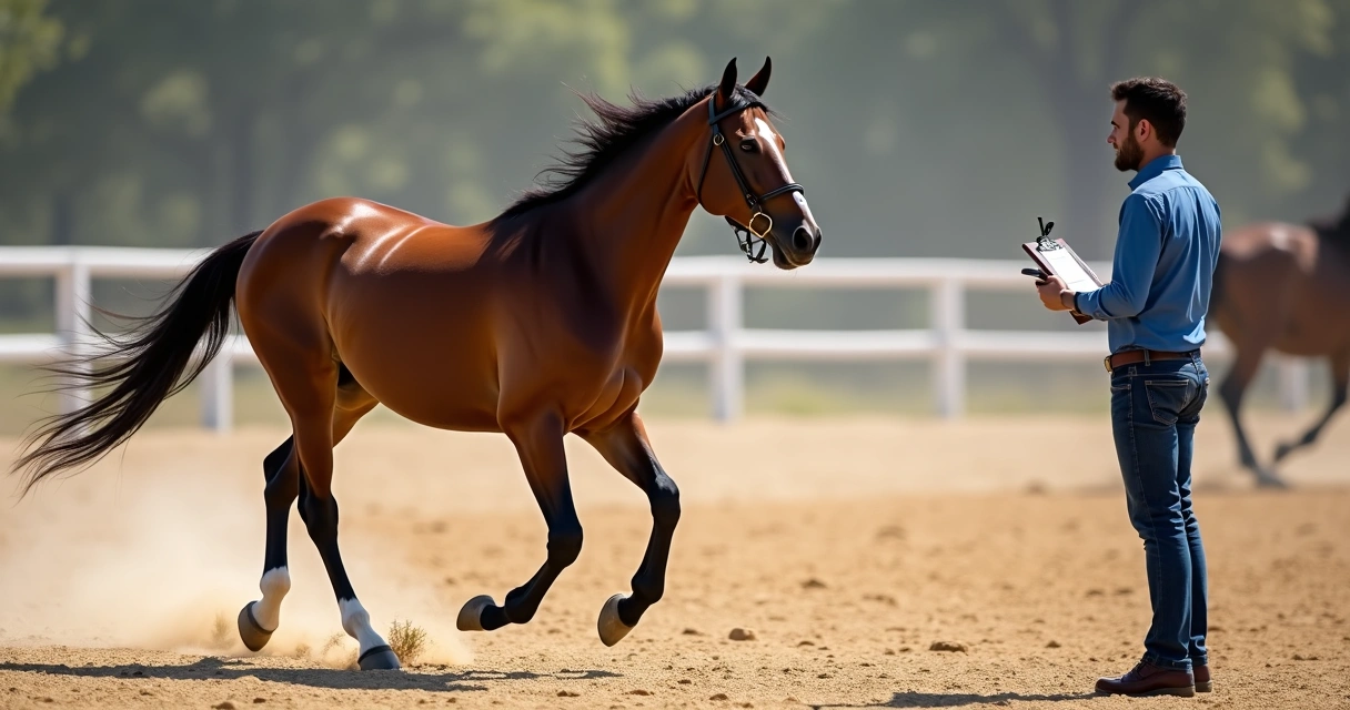 Cavalo em movimento com treinador segurando cronômetro ao lado da pista 