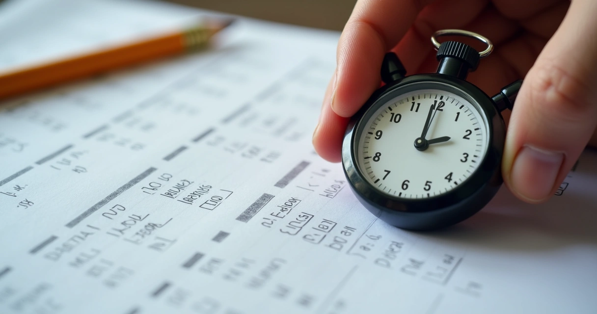 Mão segurando cronômetro próximo a folha de prova e lápis