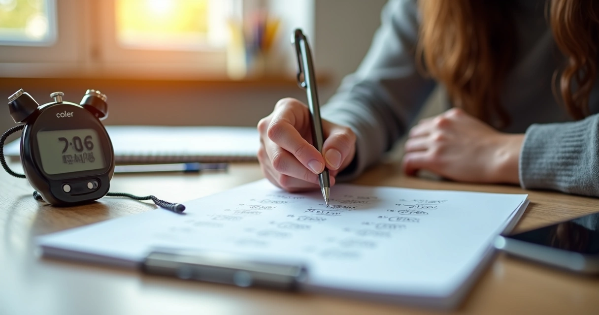 Cronômetro digital ao lado de uma mão preenchendo prova 