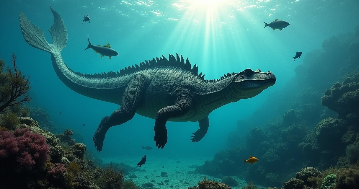 Cronossauro nadando em águas rasas, rodeado por peixes coloridos e vegetação marinha.