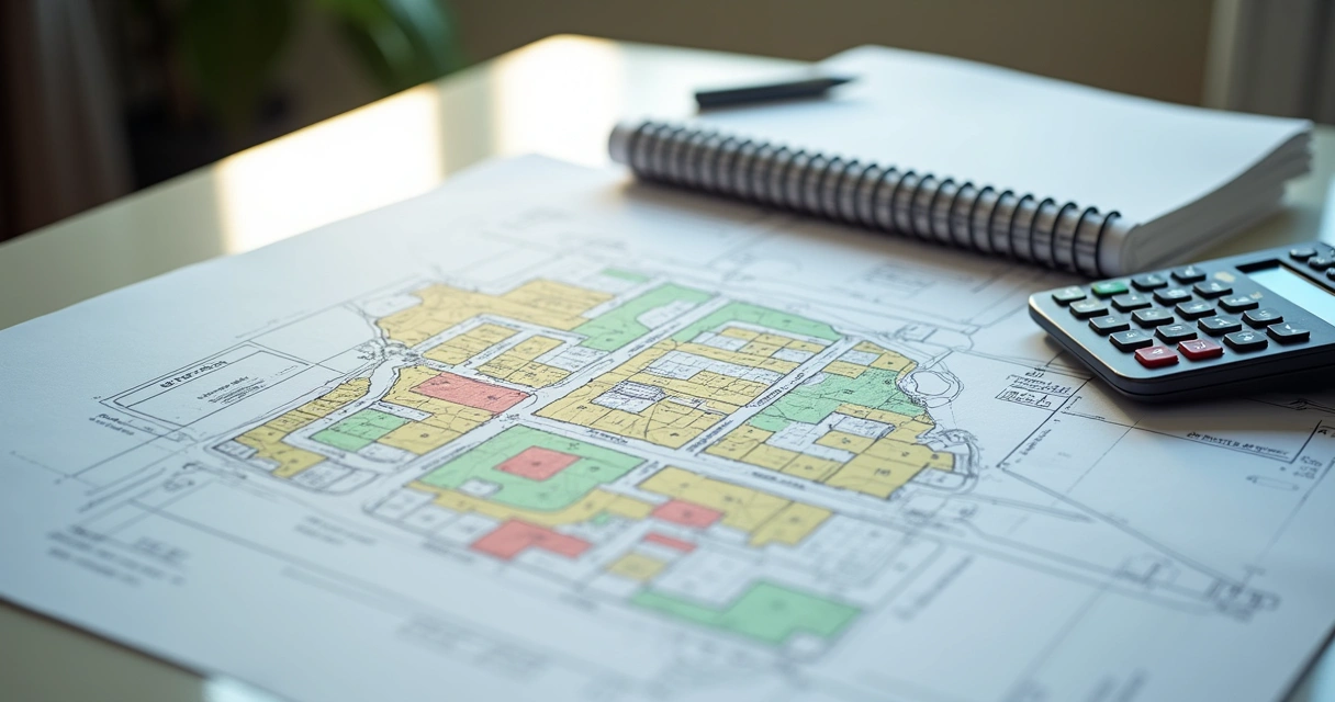Croqui técnico detalhado colorido de lote urbano em papel, canetas técnicas ao lado 